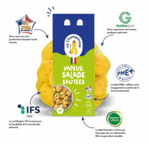 Filet La Championne avec les différents labels Pommes de terre de france, global gap, pme+, ifs et demain la terre