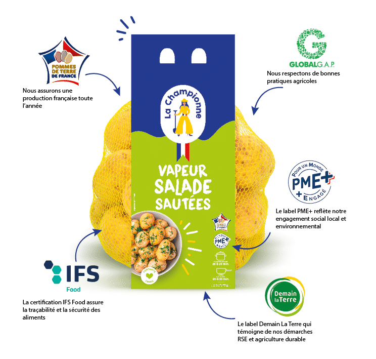Filet La Championne avec les différents labels Pommes de terre de france, global gap, pme+, ifs et demain la terre